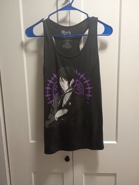 Black Sleeveless Graphic Tank Top with Purple Accent